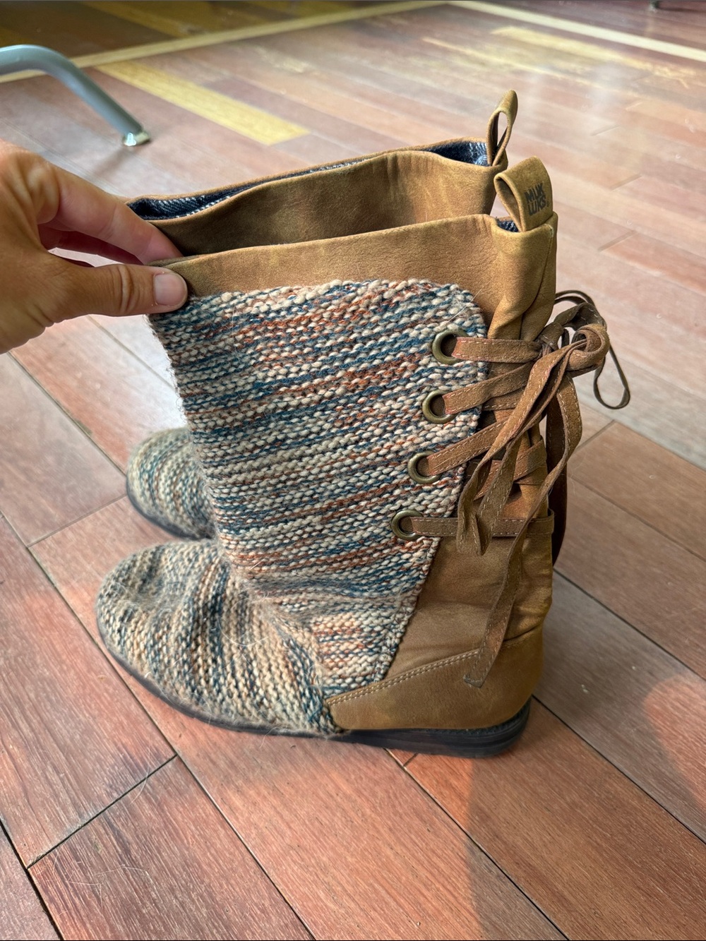 Muk Luks Tan Knit-Panel Lace-Up Ankle Boots